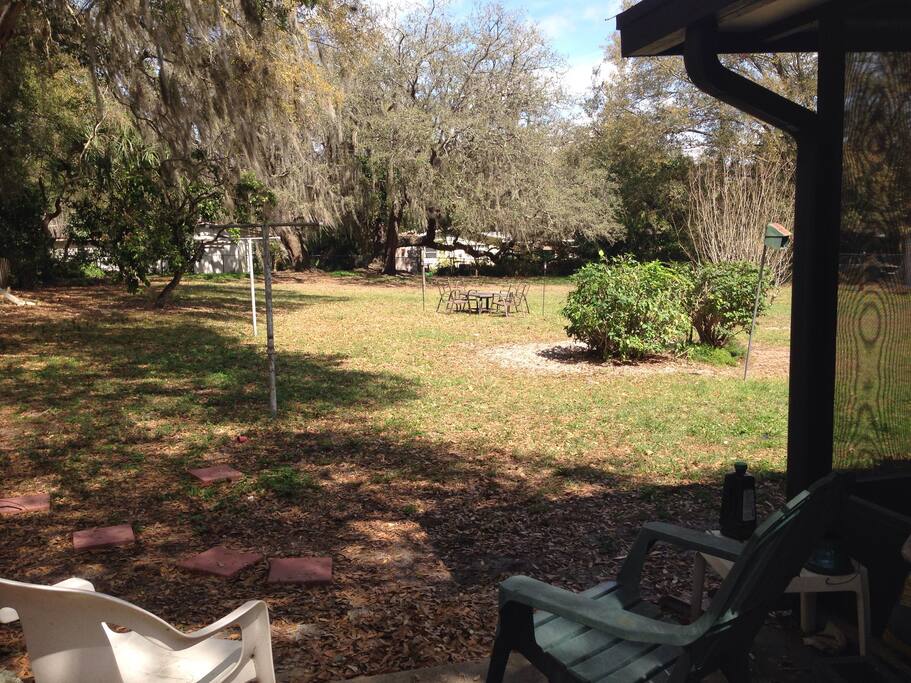 Large spacious backyard with plenty of outdoor seating.
