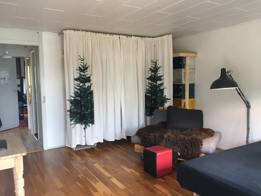 Der er god skabsplads. Alt bagved gardin er skab.
