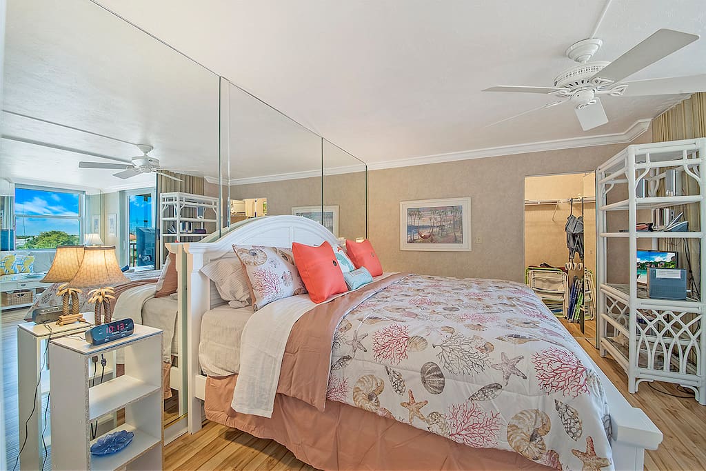 King sized bed in sleep area. Closet contains all you would need for the beach. Chairs, umbrella, towels, cooler and wagon to pull them there.