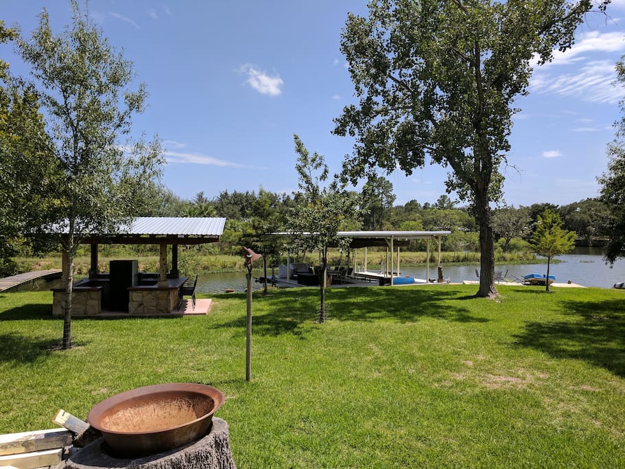 View from porch of the grill area and dock