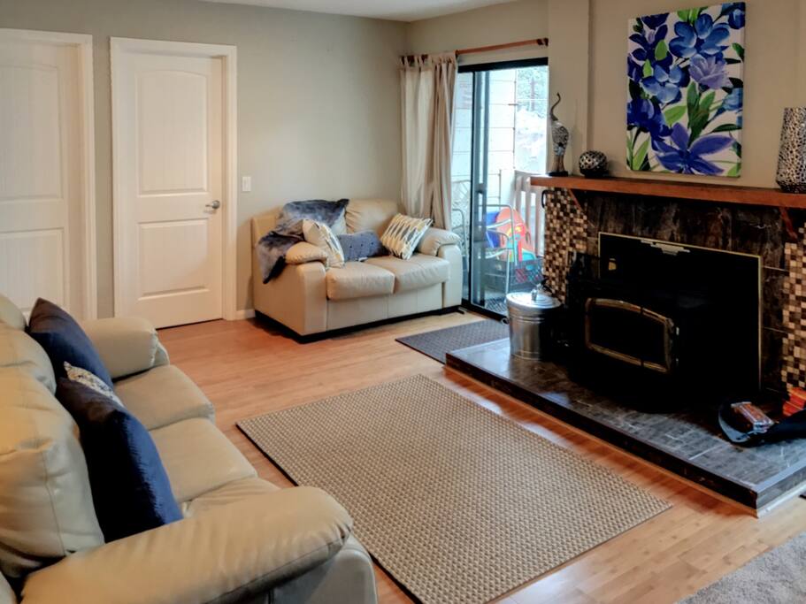 Living room with wood burning stove and full sized sofa bed with new memory foam mattress.