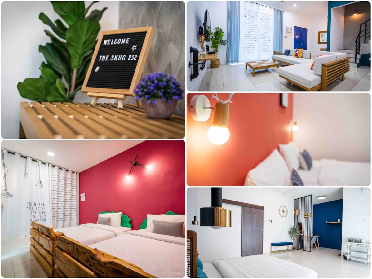 A modern living space is highlighted by a stylish welcome sign and potted plant on a wooden table. Comfortable seating is present, and decorative elements add character to the well-lit interior. Cozy sleeping arrangements include neat beds with soothing color accents in the background.