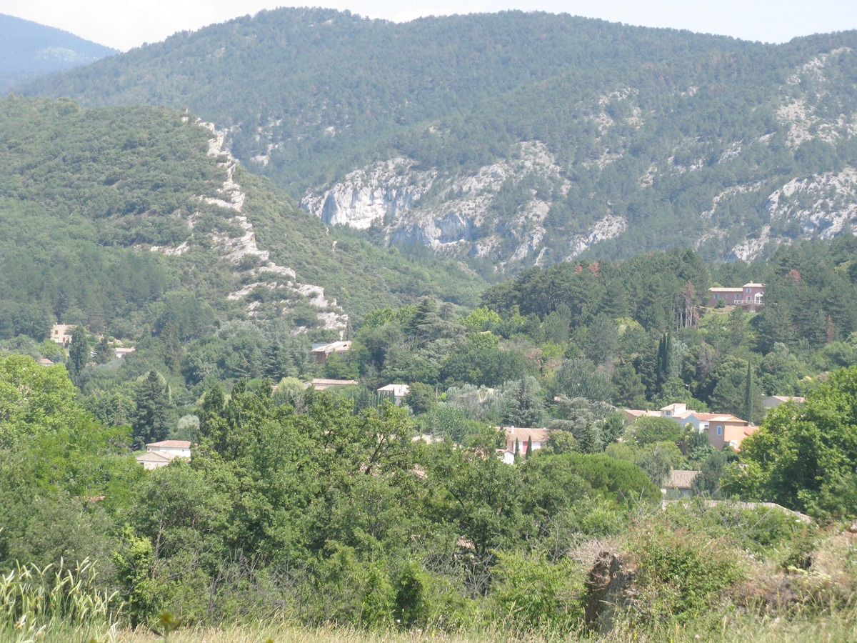 A scenic view captures a tranquil village nestled among lush greenery and rolling hills. The landscape features a variety of trees and distant mountains, creating a serene natural backdrop for the area. The quiet surroundings convey a sense of peace typical of the countryside.