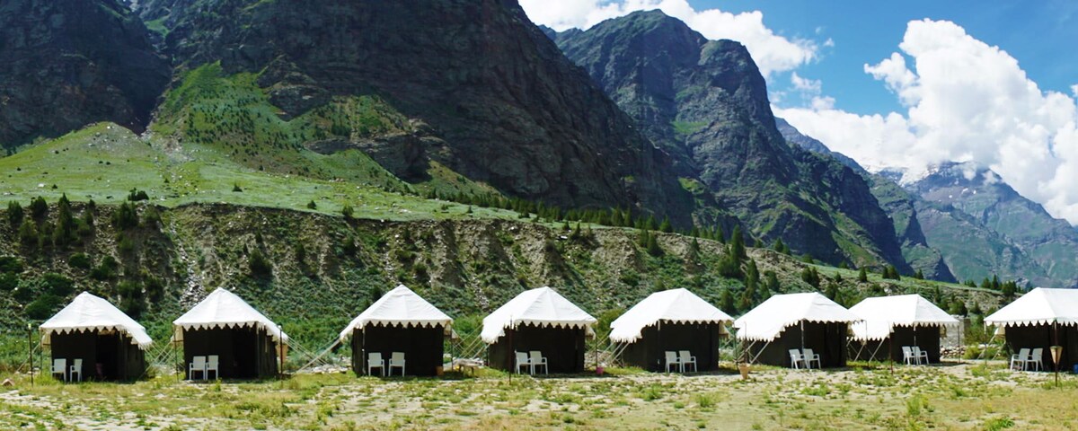 A row of canvas tents is positioned on a grassy area, backed by a striking mountain landscape. Each tent features an open entrance with chairs situated outside, inviting relaxation amidst nature. The blue sky overhead is dotted with a few clouds, enhancing the outdoor ambiance.