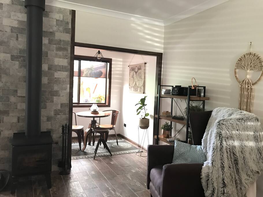 Wood fire place, reading nook, cd player, games and a selection of books and movies