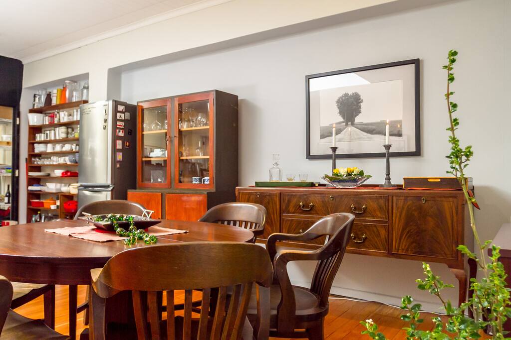 Dining area - lots of space for a dinner party. The table expands to seat 8. And plenty of barstools around the big benches in the kitchen.