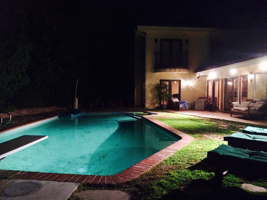 At night with garden floodlights