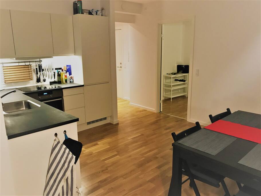 Entrance hall, kitchen/dining area and door to your room.