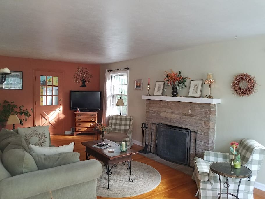 Cozy, sunfilled living room with TV and fireplace