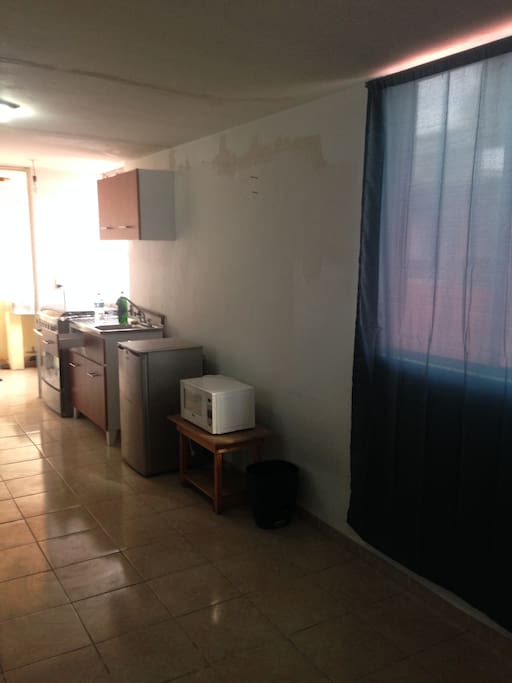 kitchen, fridge and microwave
