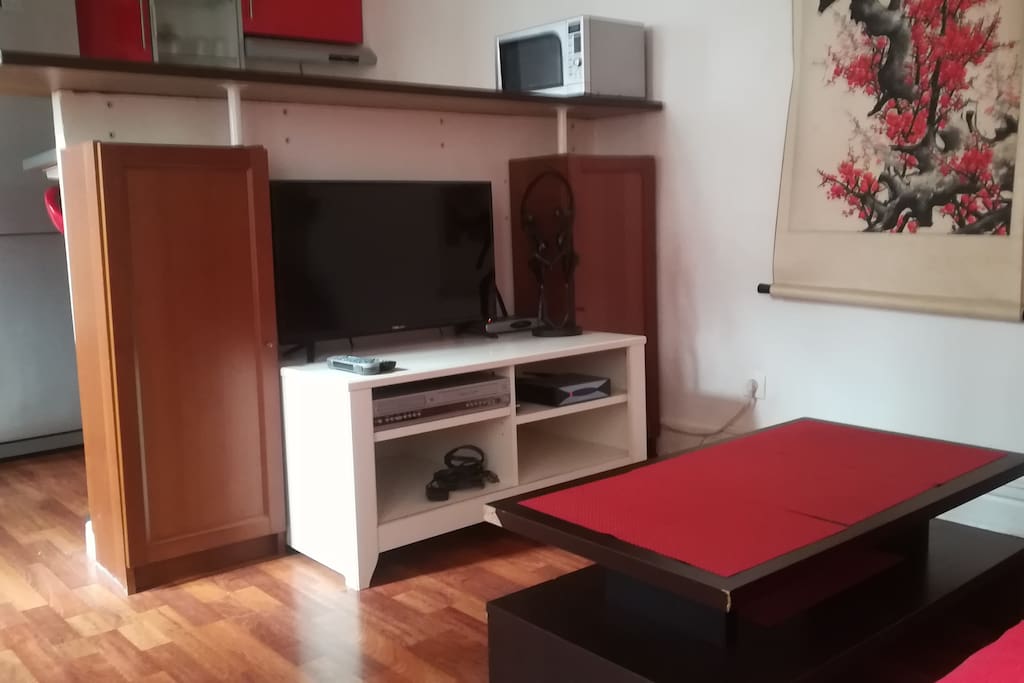 TV avec chaines câblées gratuites, WIFI gratuit, lecteur DVD et enceinte Bluetooth, canapé-lit futon 130x190