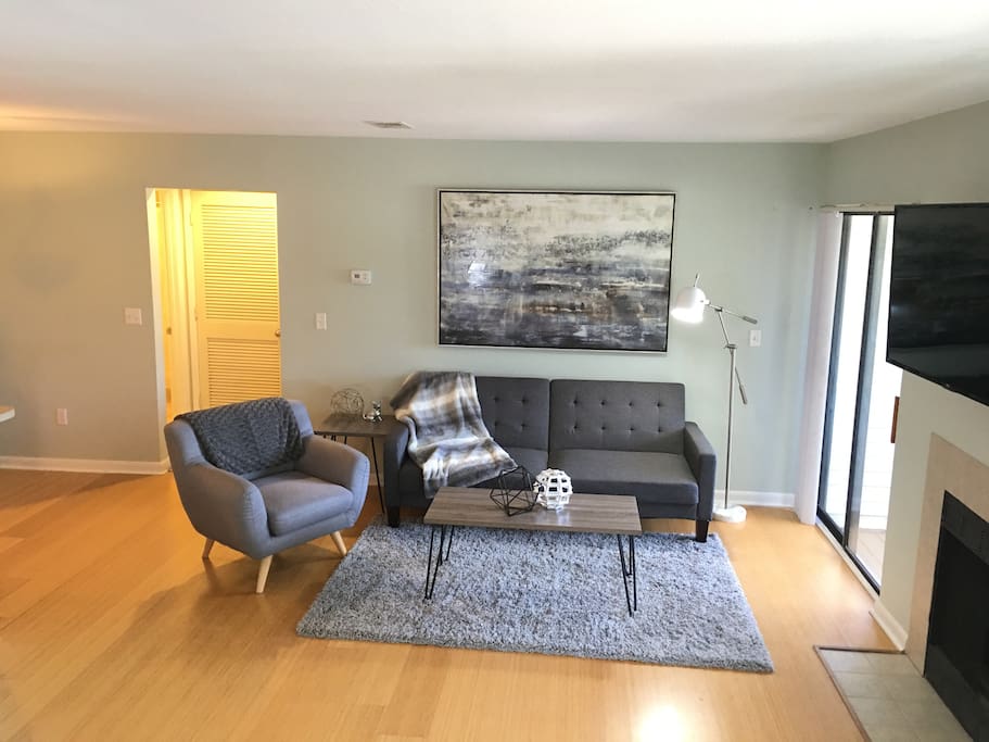 Bright Living Room with 48" Smart TV that swivels.