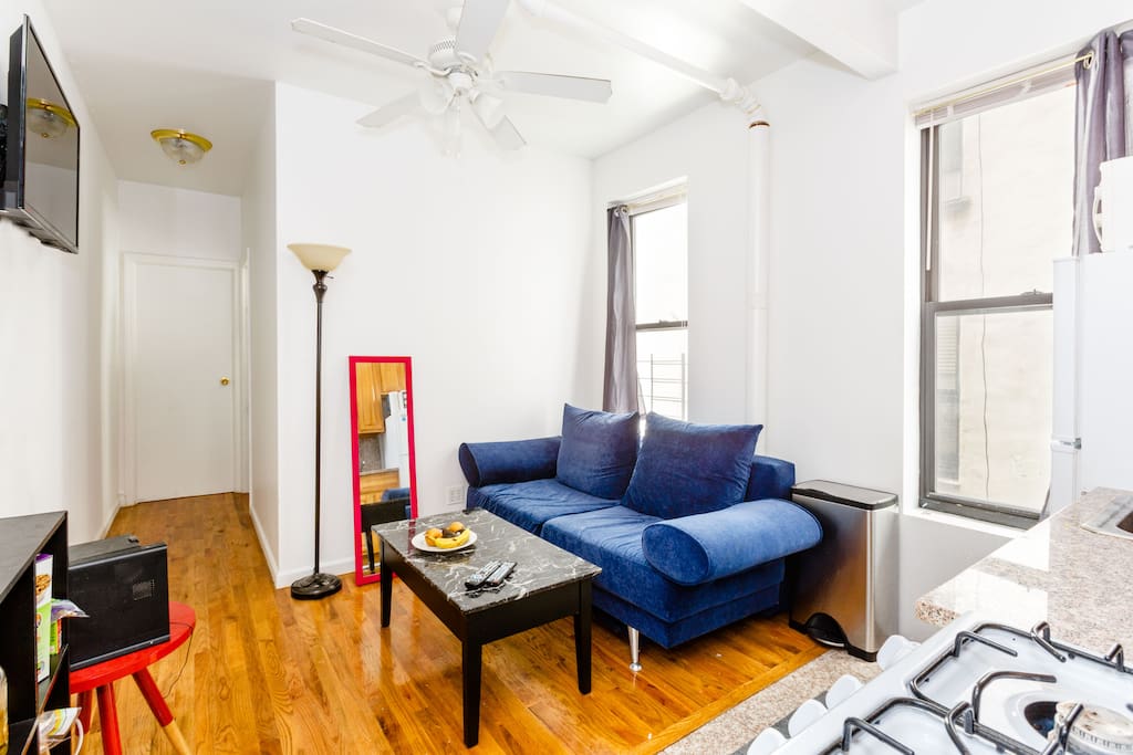 Spacious living room with open kitchen