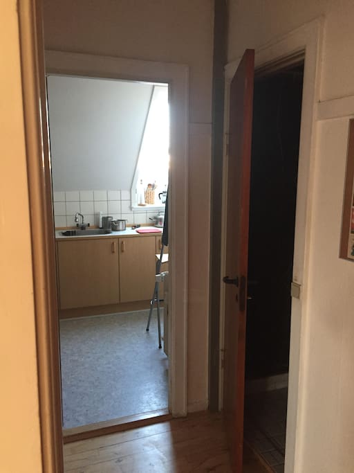 Passage from living room to bathroom and kitchen