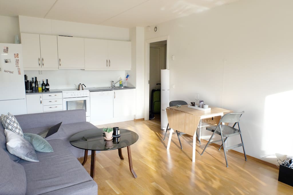 A full kitchen, dining table, and a sofa bed are found in the living room