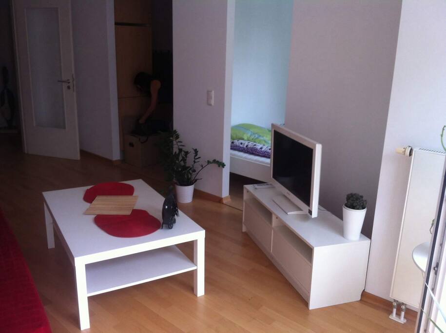 Wohnzimmer mit Blick in den Schlafbereich