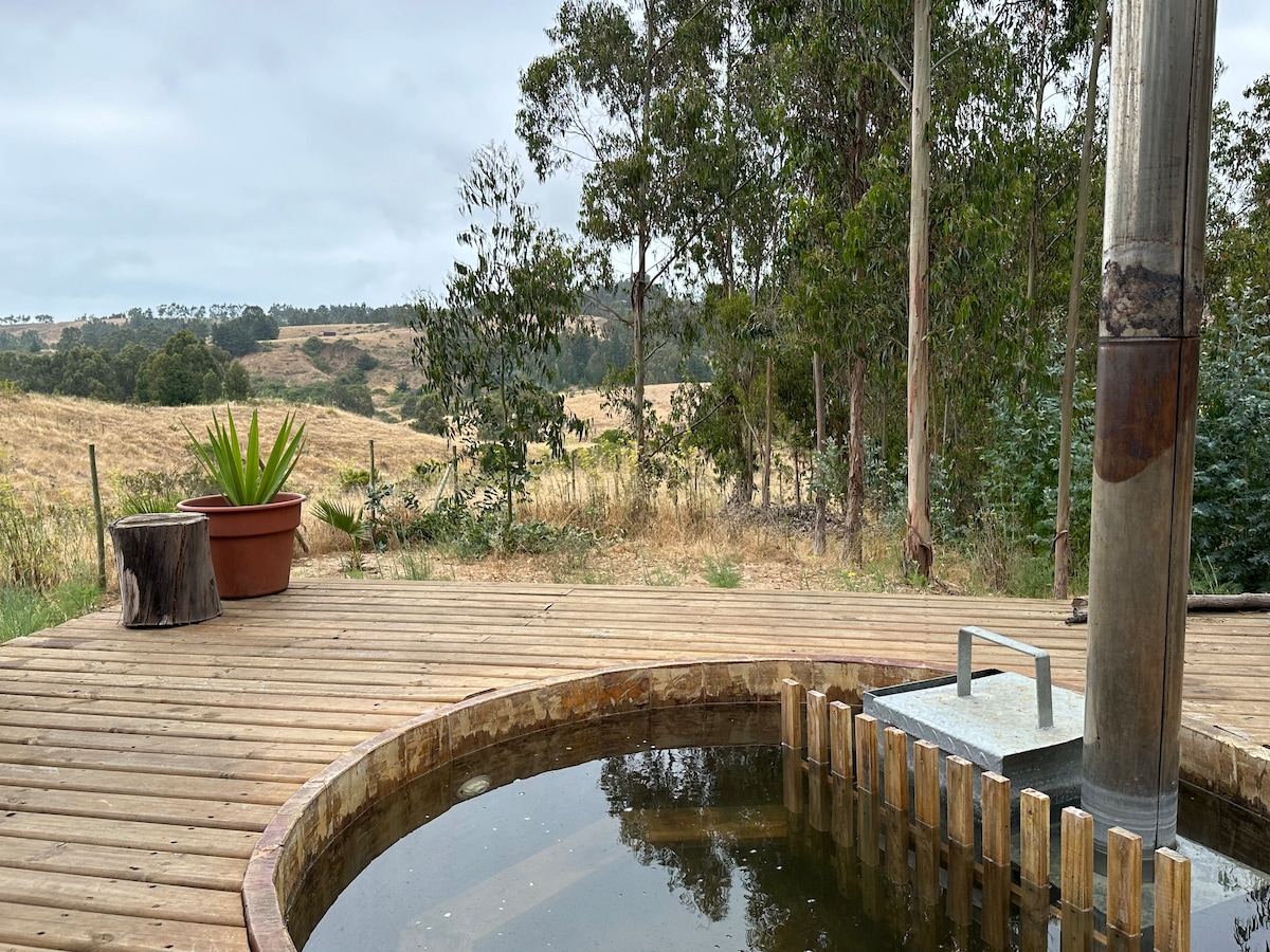 A wooden deck features a circular hot tub, surrounded by a rustic fence. Lush greenery and a potted plant add a natural touch, while expansive views of rolling hills and trees create a tranquil outdoor setting. Soft natural light enhances the peaceful atmosphere.