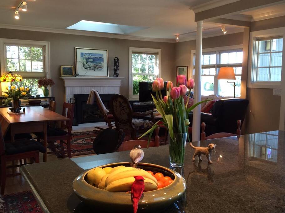 kitchen, dining, living great room