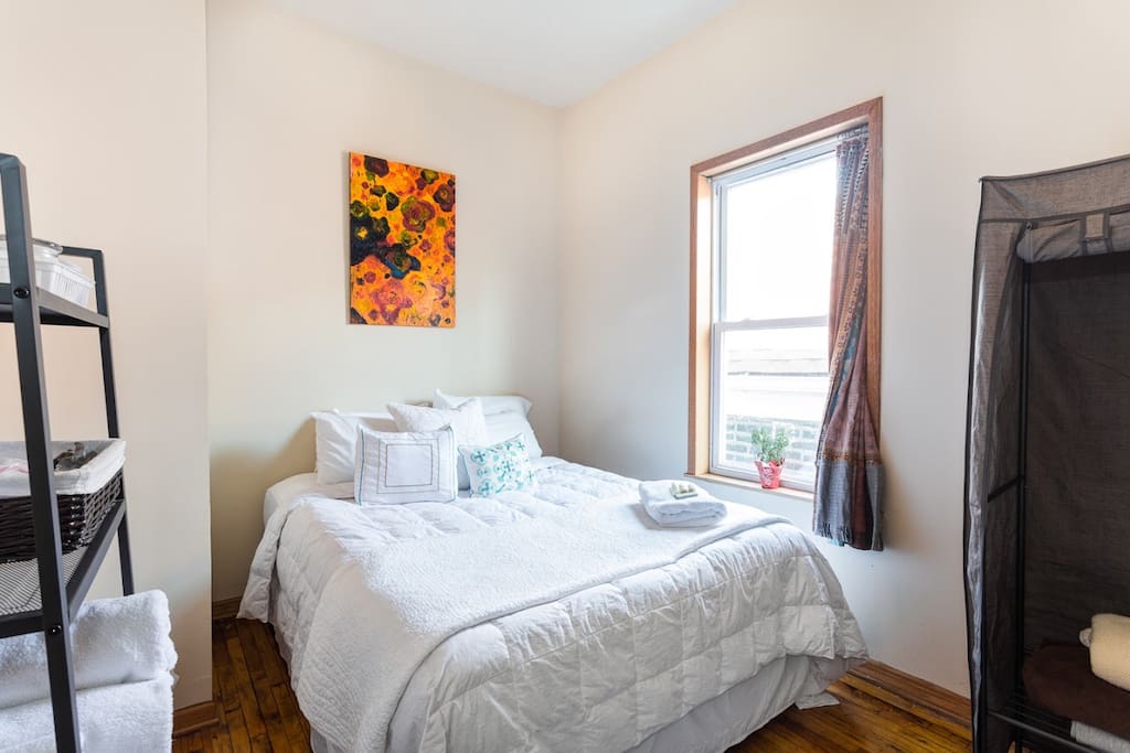 Hotel style bedding and towels. Your home away from home comes with desk, handmade bohemian blackout curtain, extra toiletries, fan, air conditioner, mirror, armoire, original artwork. Enjoy your home away from home!