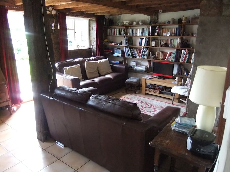 Large lounge with bookcase piled high with games and books
