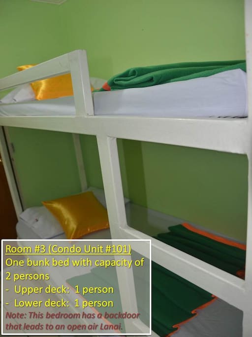 Bedroom #3 (Condo Unit #101)
--------------------------------------
Bedroom #3, with one bunk bed, has a capacity of two persons:
- Upper deck: Sleeps one person
- Lower deck: Sleeps one person