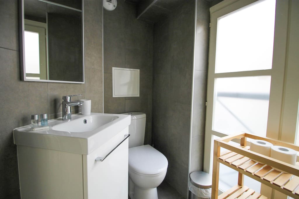 A modern bathroom with all the amenities included : hairdryer, towels, shower gel and shampoo