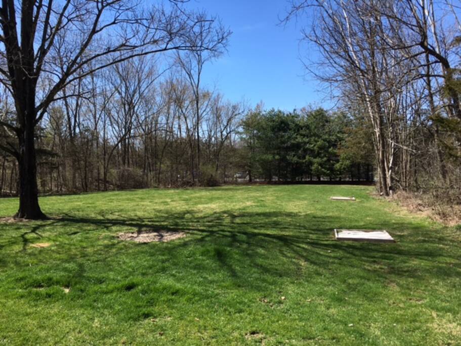 Backyard with horseshoe pits.