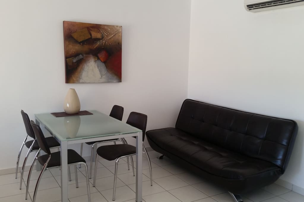Main room, dining area and sofa bed