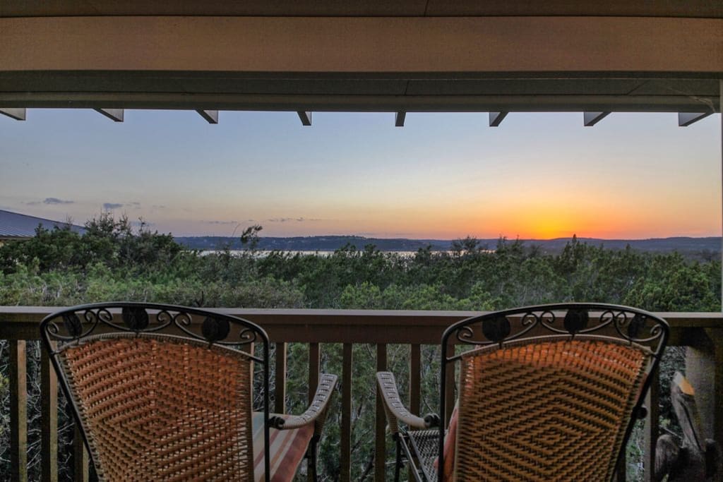 The upper floor balcony view of Lake Travis.