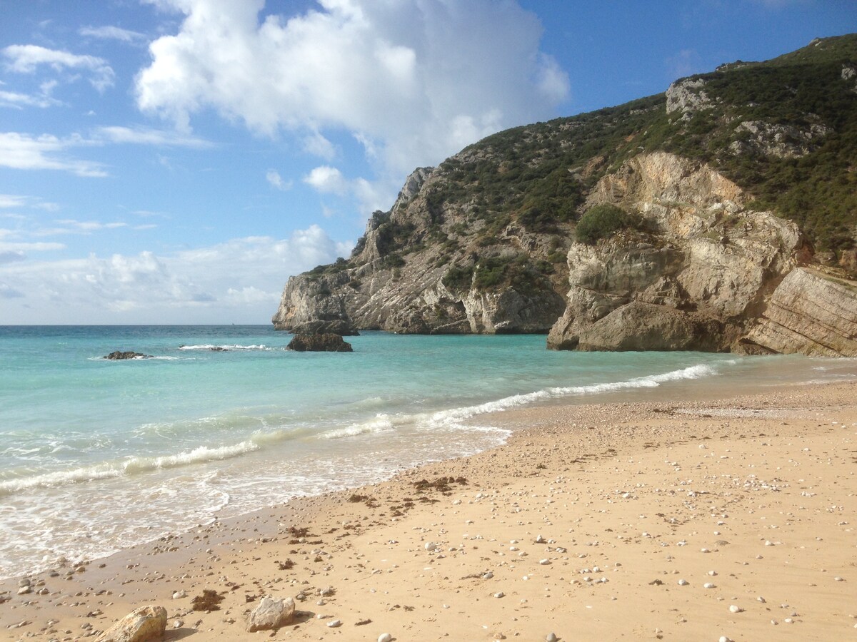 The image depicts a serene beach with golden sand and gentle waves lapping at the shore. Rocky cliffs rise in the background, revealing lush greenery and a partly cloudy sky. The turquoise waters reflect the light, creating a calm and inviting coastal scene.