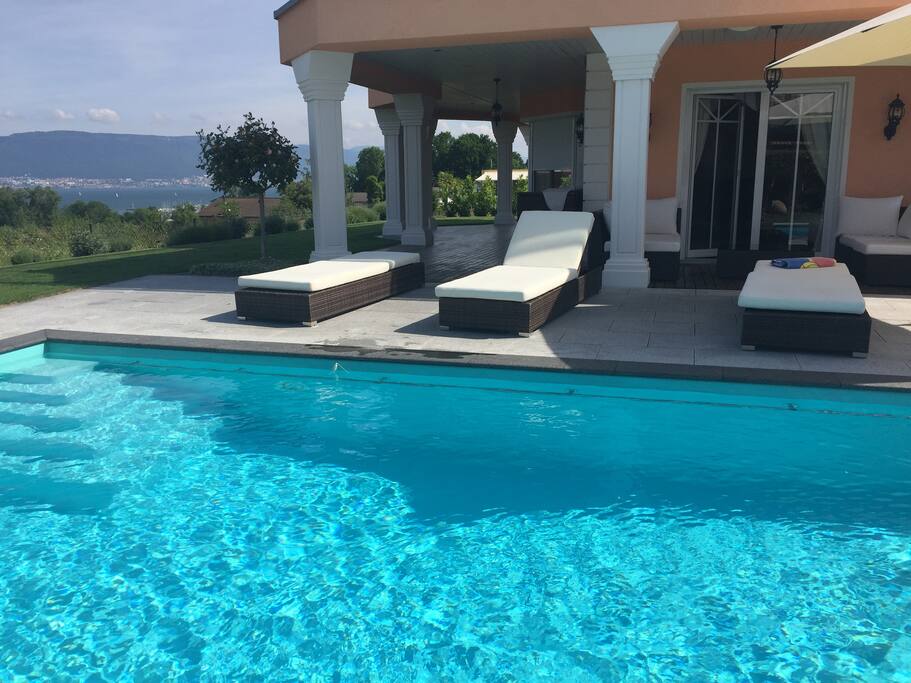 Relaxing by the pool with lakeview