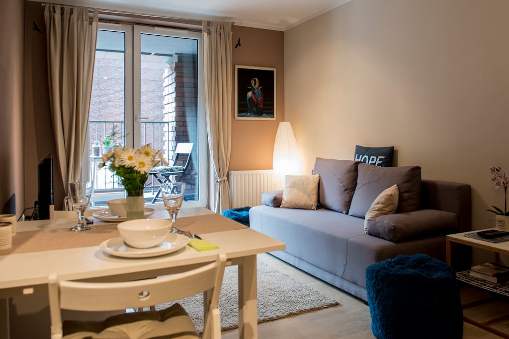 dining table, sofa bed for two people
