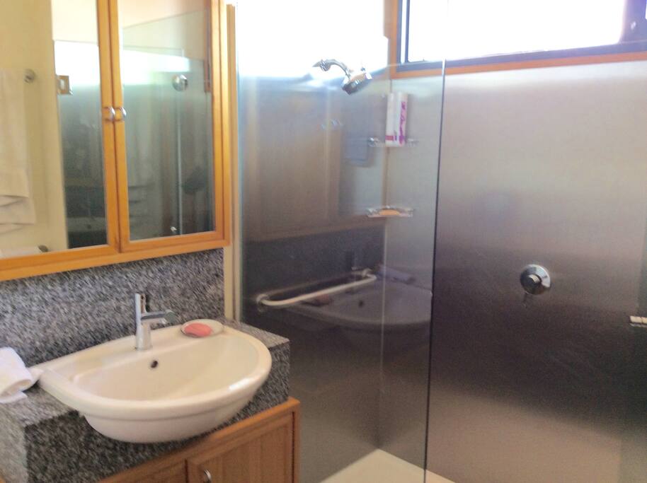 Lancefield polished granite, stainless steel and glass bathroom, filled w natural light.