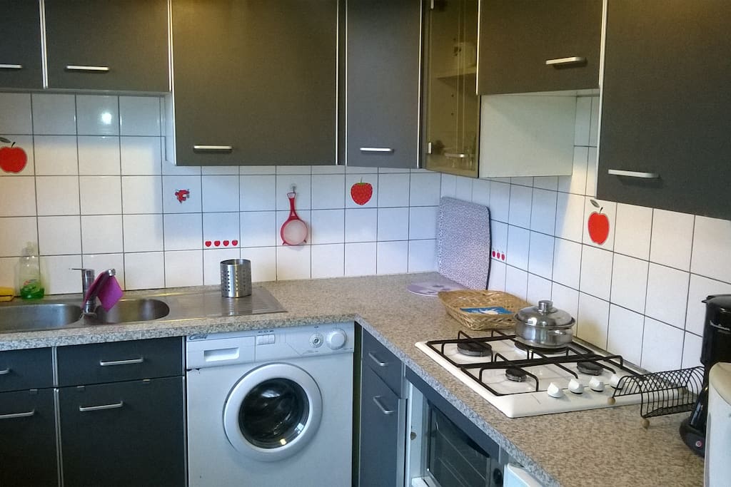 cuisine équipée, cafetière, plaque de cuisson, four, lave linge, sèche linge