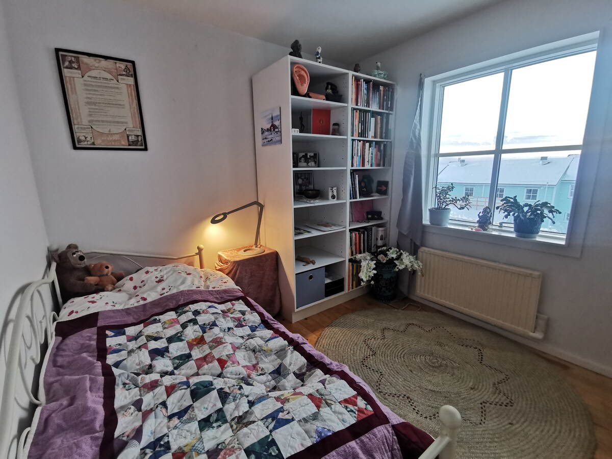 A cozy room features a spacious bed with a patterned quilt and a bedside lamp. A bookshelf filled with books and decorative items stands against the wall, while potted plants are positioned on the windowsill. Light enters through a window, illuminating the warmly decorated space.