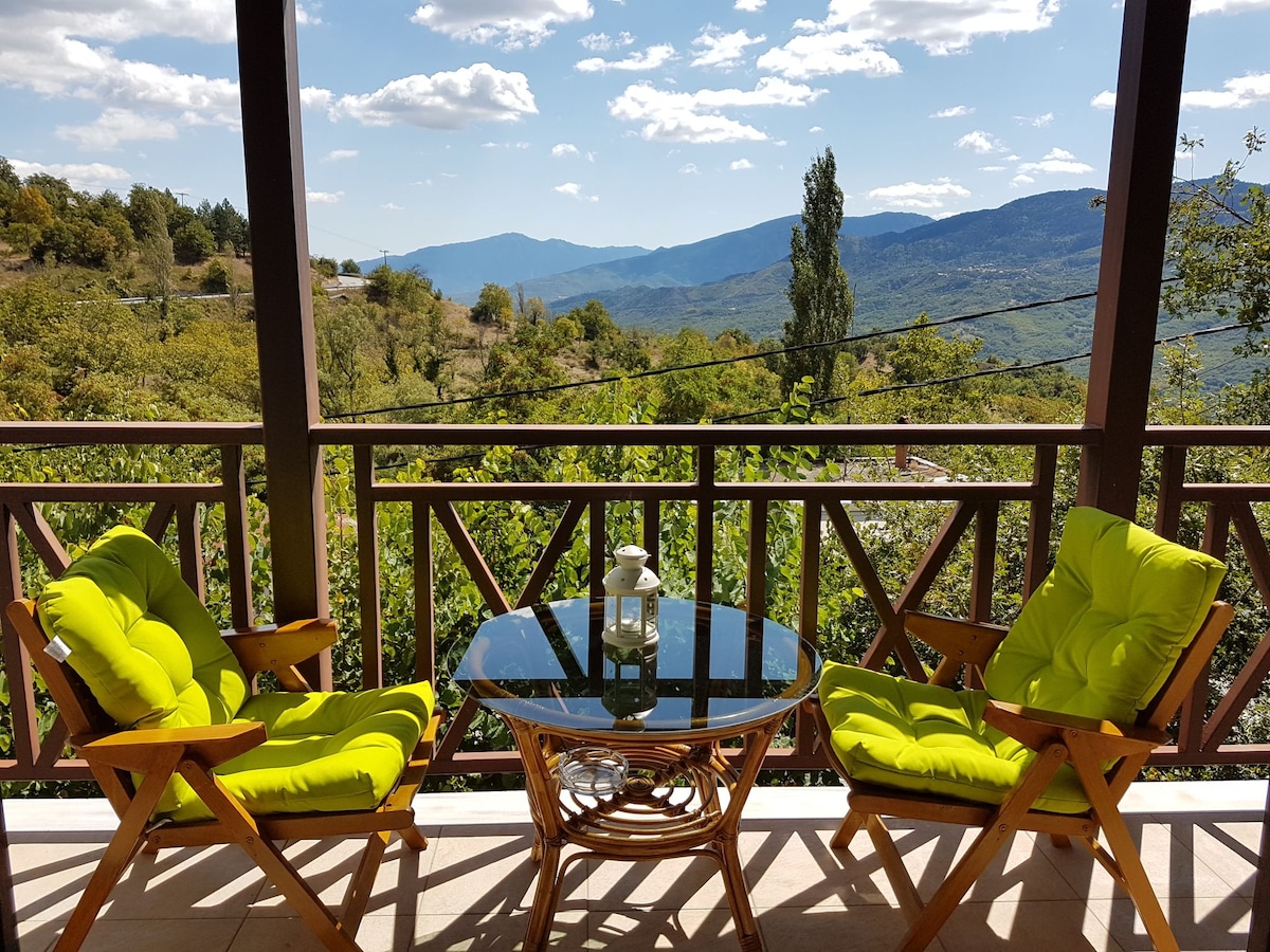 A spacious balcony is adorned with two bright green chairs accented by a glass-top table. The view extends across rolling hills and valleys, framed by trees under a clear blue sky with scattered clouds.