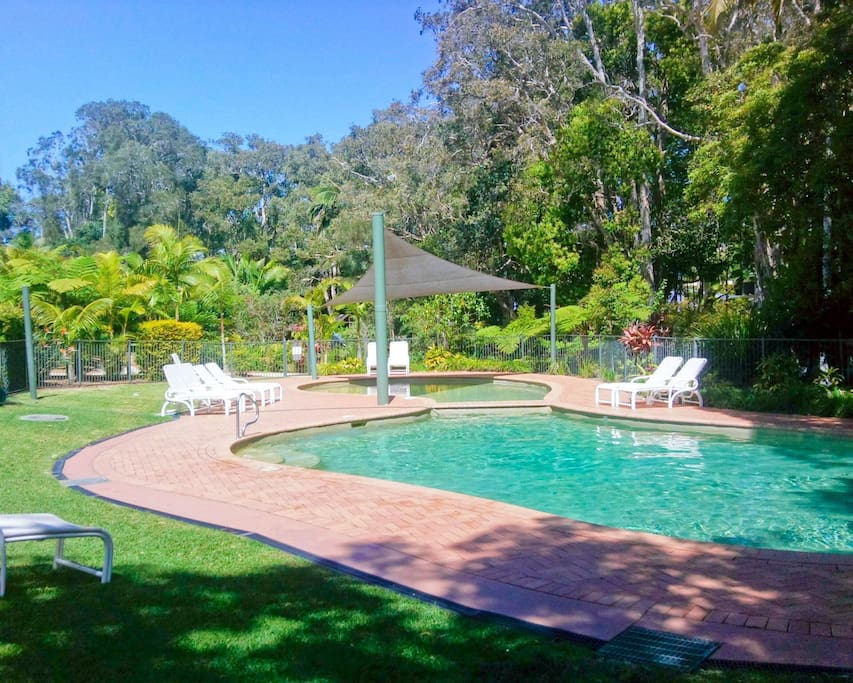 2 pools in the subtropical rainforest resort grounds, with a shallow end for the kids