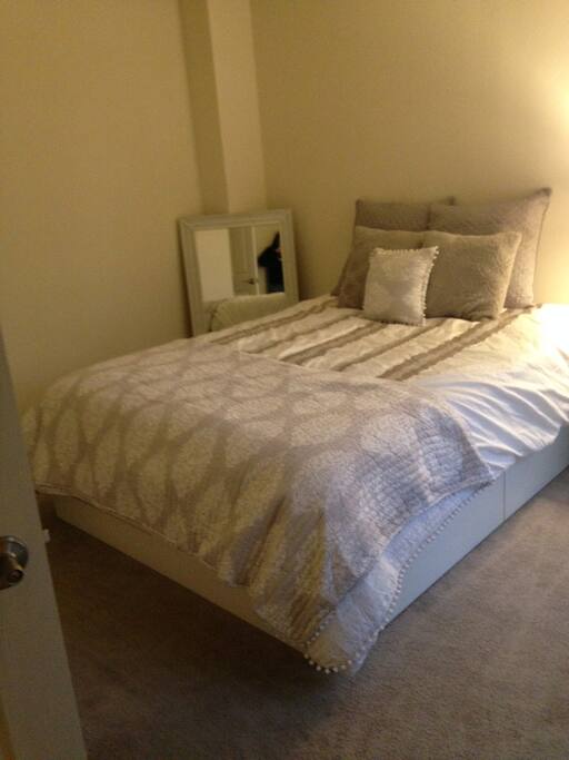Large bedroom with storage bed as well as closet space.