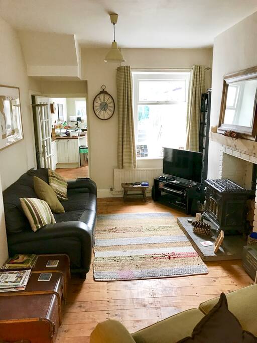 Main living room, 2 sofa's, complete with log burner