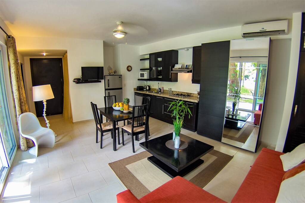 Living room with 40" flat screen TV set.