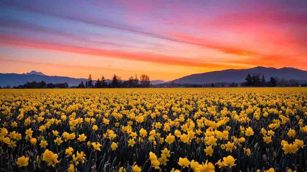 A vast field filled with vibrant yellow daffodils stretches across the landscape, under a colorful sunset sky. Soft hues of pink and orange blend in the clouds above, while distant mountains are visible on the horizon, enhancing the serene natural setting.
