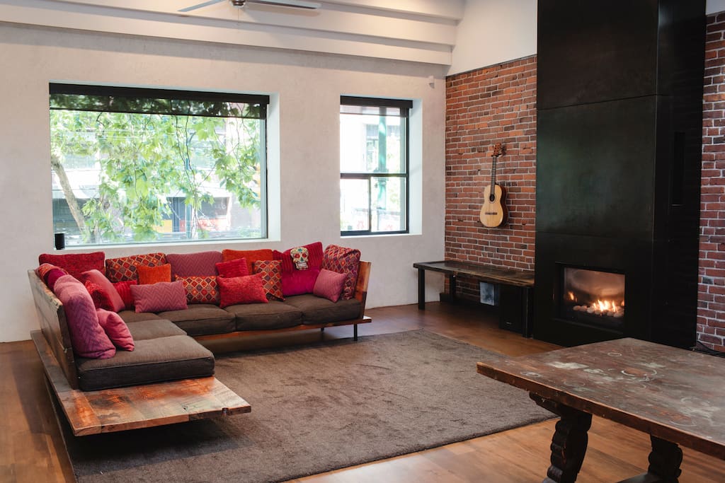 Living Room with Iron Fireplace.