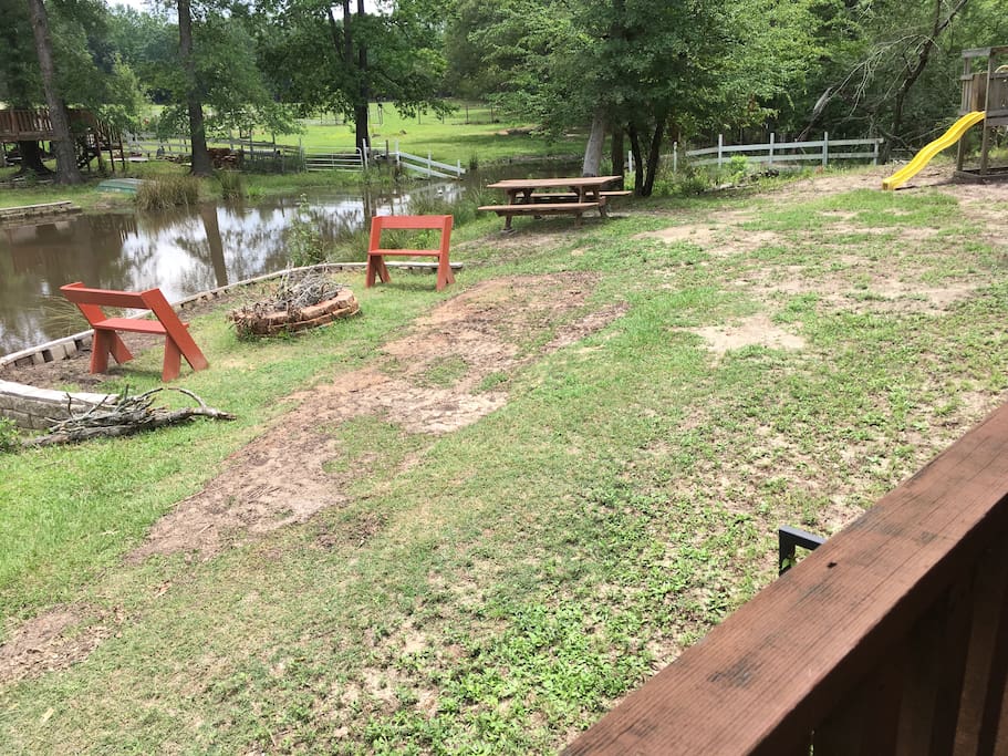 The side yard with fire pit, picnic table, and benches
