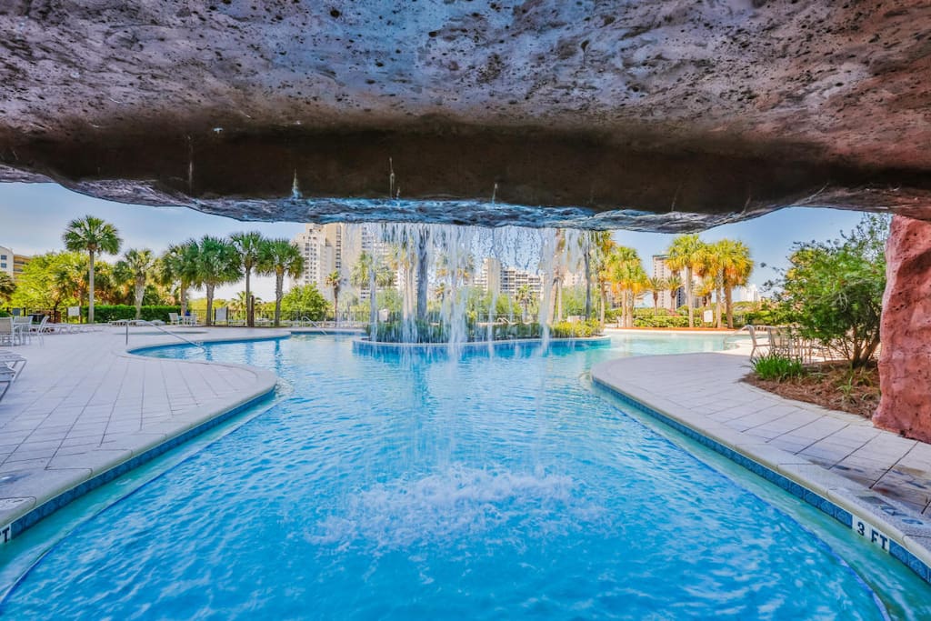 Waterfall feature at the pool deck