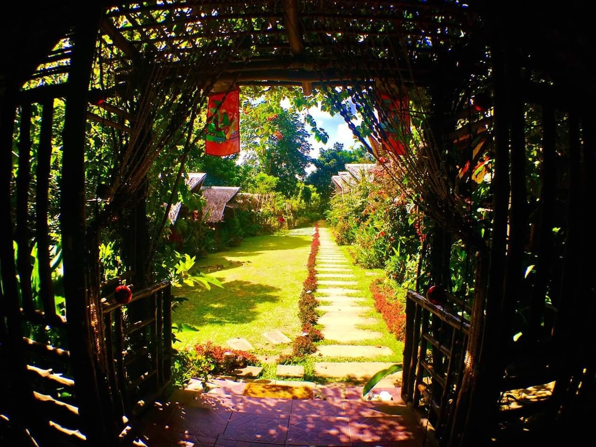 A pathway lined with neatly arranged stones leads through a beautifully maintained garden. Lush greenery surrounds the space, highlighted by colorful blooms and shaded areas. Natural light filters through a trellis, creating a serene and inviting atmosphere.