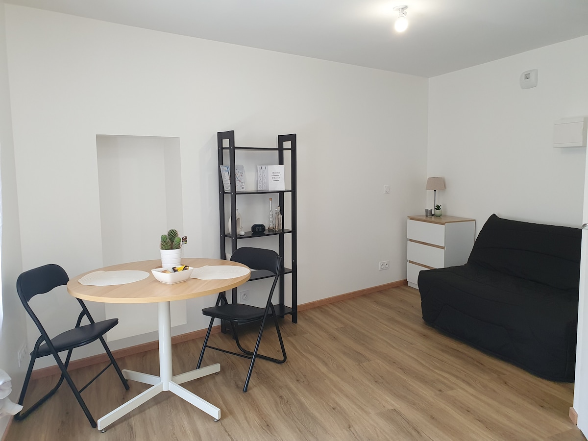 An inviting studio space is shown, featuring a round table with two black folding chairs and a potted plant on top. A black convertible sofa occupies one side, while a bookshelf and a bedside table are positioned against the wall, contributing to the airy atmosphere.