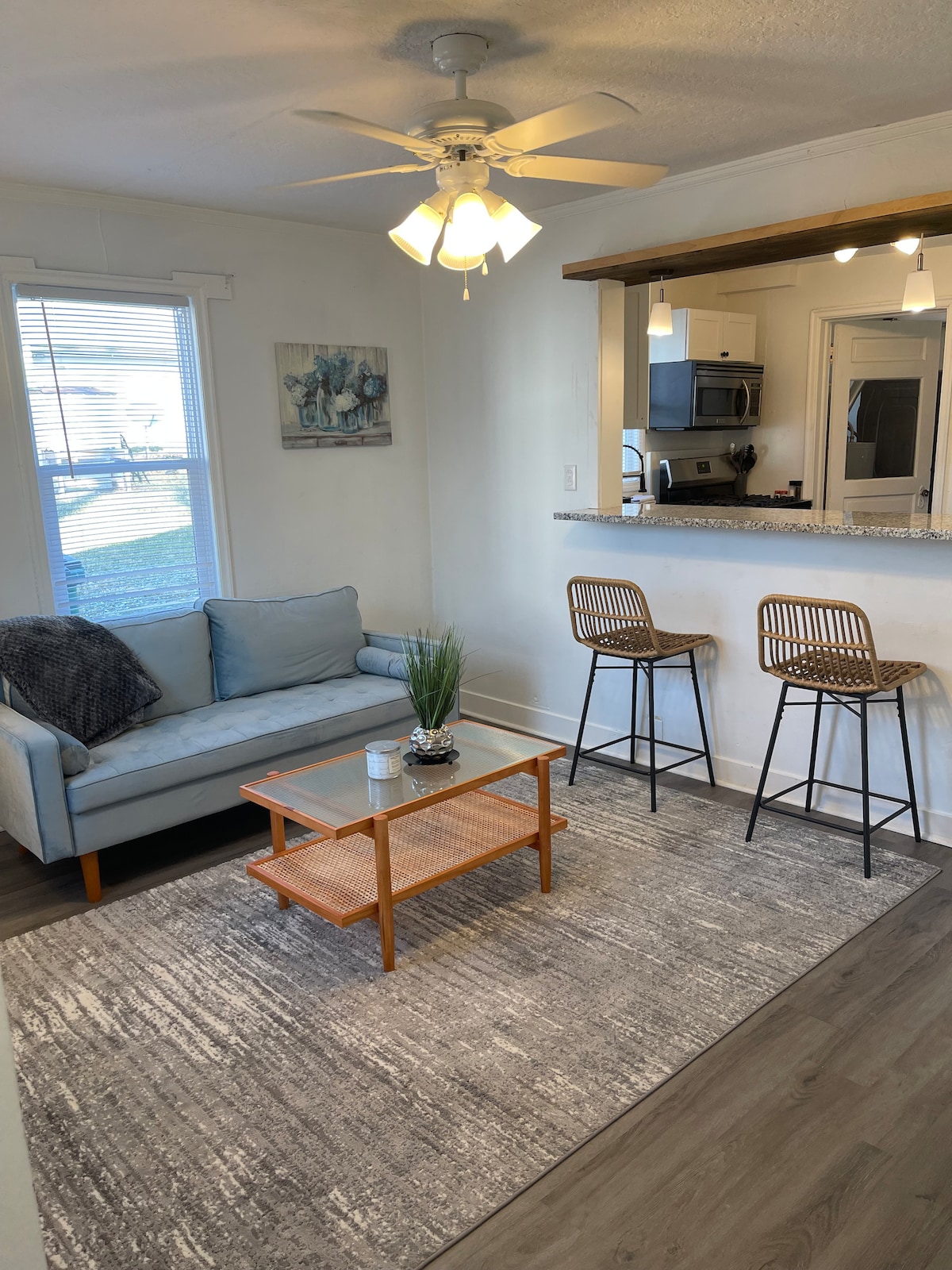 A living area features a light blue sofa, complemented by a textured rug and a wooden coffee table displaying a small plant. Two woven bar stools are positioned at a kitchen counter with granite surfaces, and a ceiling fan is mounted overhead.