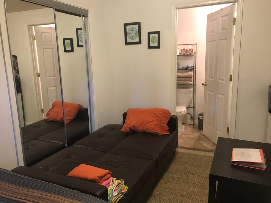 The couch can be used for a seating area or can be folded down to make into a bed.
