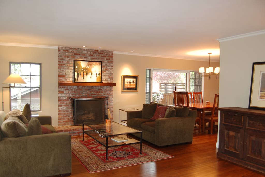 Warm, inviting living room with gas fireplace. Perfect for late night reading and games