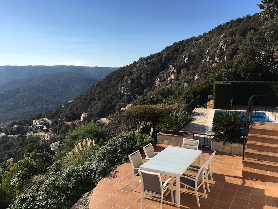 Dining on poolside terrace
